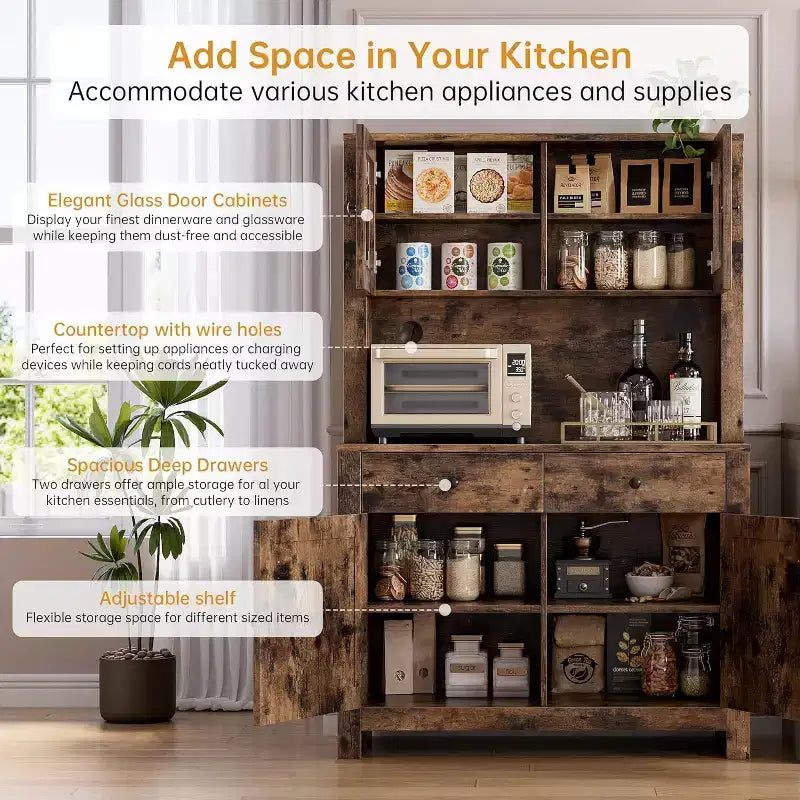 Meuble de cuisine avec support pour micro-ondes et bar à café, armoire autoportante avec tiroirs, portes et étagères réglables