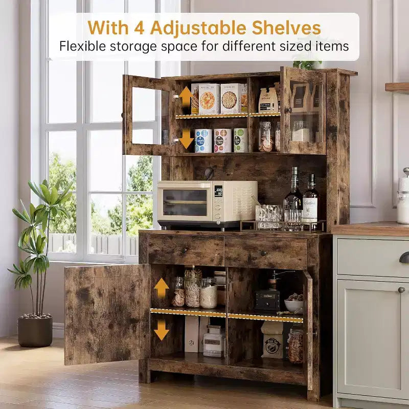 Meuble de cuisine avec support pour micro-ondes et bar à café, armoire autoportante avec tiroirs, portes et étagères réglables