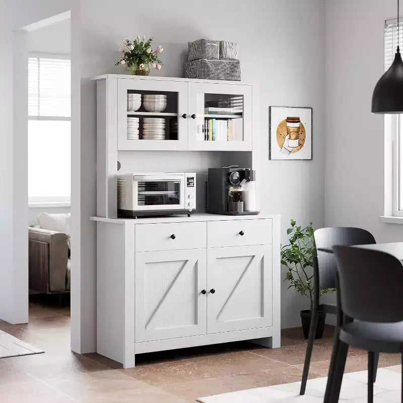 Meuble de cuisine avec support pour micro-ondes et bar à café, armoire autoportante avec tiroirs, portes et étagères réglables