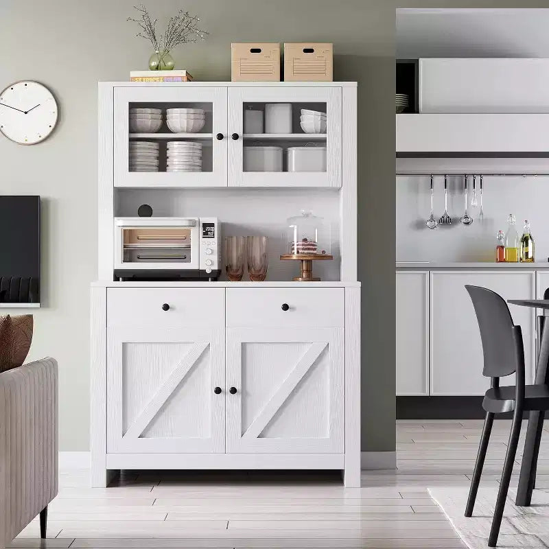 Meuble de cuisine avec support pour micro-ondes et bar à café, armoire autoportante avec tiroirs, portes et étagères réglables