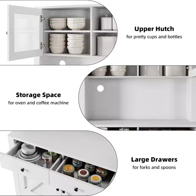 Meuble de cuisine avec support pour micro-ondes et bar à café, armoire autoportante avec tiroirs, portes et étagères réglables