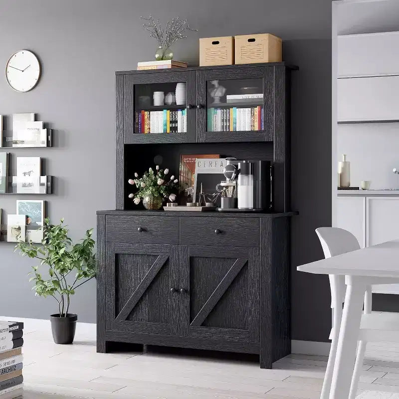 Meuble de cuisine avec support pour micro-ondes et bar à café, armoire autoportante avec tiroirs, portes et étagères réglables