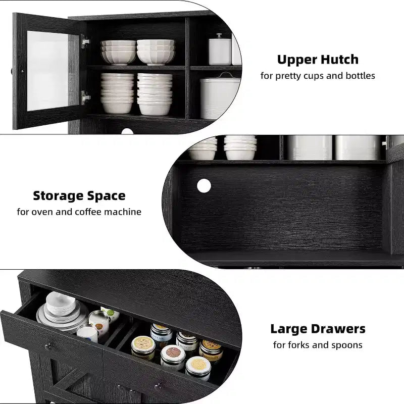 Meuble de cuisine avec support pour micro-ondes et bar à café, armoire autoportante avec tiroirs, portes et étagères réglables