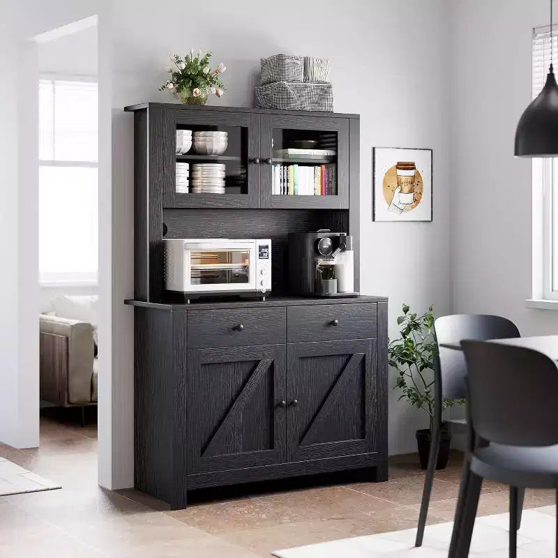 Meuble de cuisine avec support pour micro-ondes et bar à café, armoire autoportante avec tiroirs, portes et étagères réglables