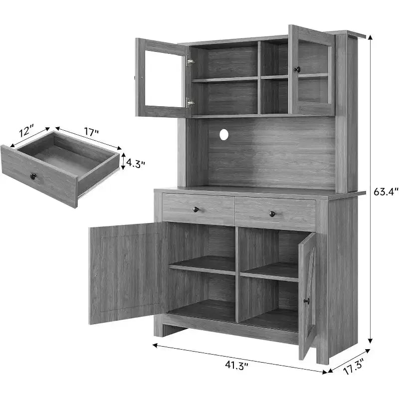 Meuble de cuisine avec support pour micro-ondes et bar à café, armoire autoportante avec tiroirs, portes et étagères réglables