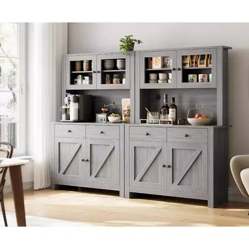 Meuble de cuisine avec support pour micro-ondes et bar à café, armoire autoportante avec tiroirs, portes et étagères réglables