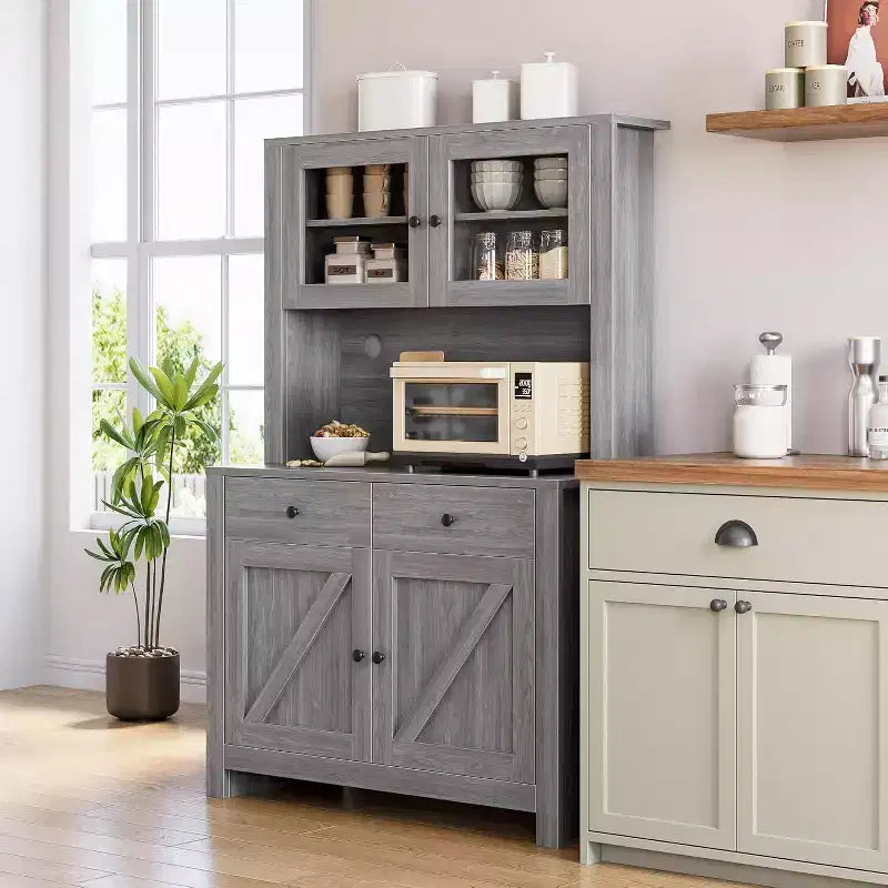 Meuble de cuisine avec support pour micro-ondes et bar à café, armoire autoportante avec tiroirs, portes et étagères réglables