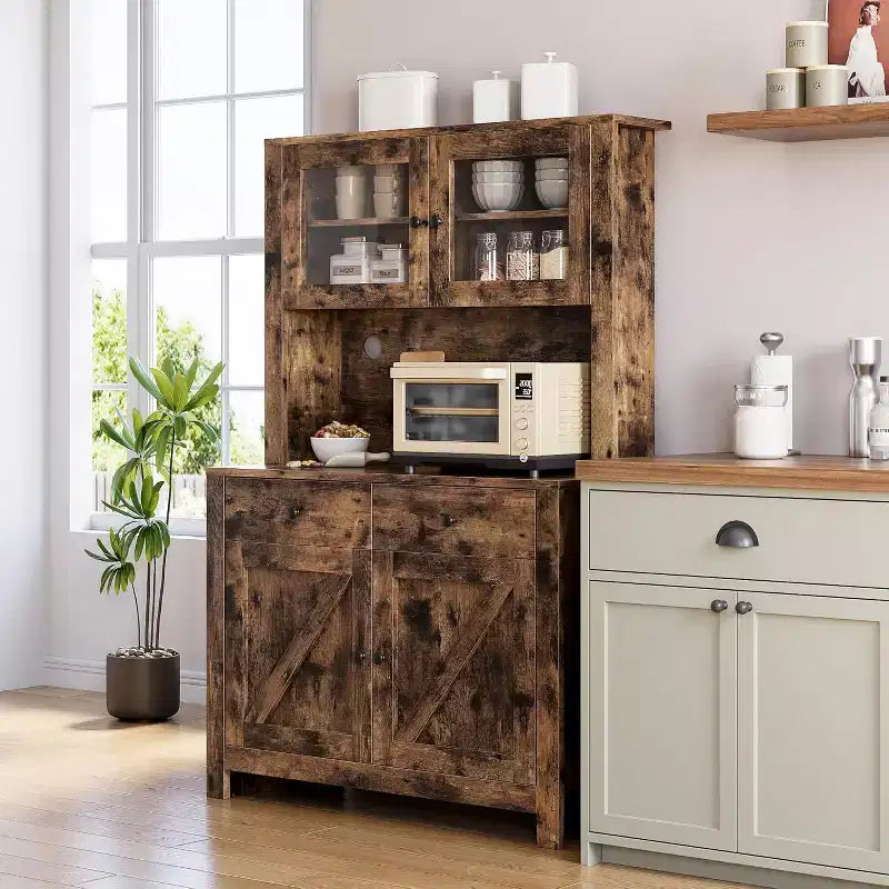 Meuble de cuisine avec support pour micro-ondes et bar à café, armoire autoportante avec tiroirs, portes et étagères réglables