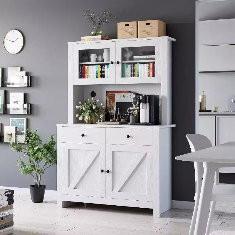 Meuble de cuisine avec support pour micro-ondes et bar à café, armoire autoportante avec tiroirs, portes et étagères réglables