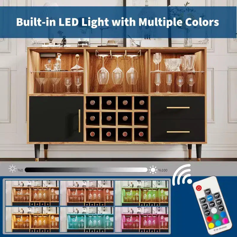 Meuble de bar avec lumières LED, station de charge - Buffet de cuisine de 119 cm avec tiroirs, casier à vin, meuble à liqueurs pour salon, salle à manger
