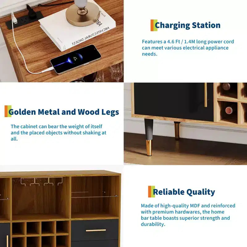 Meuble de bar avec lumières LED, station de charge - Buffet de cuisine de 119 cm avec tiroirs, casier à vin, meuble à liqueurs pour salon, salle à manger