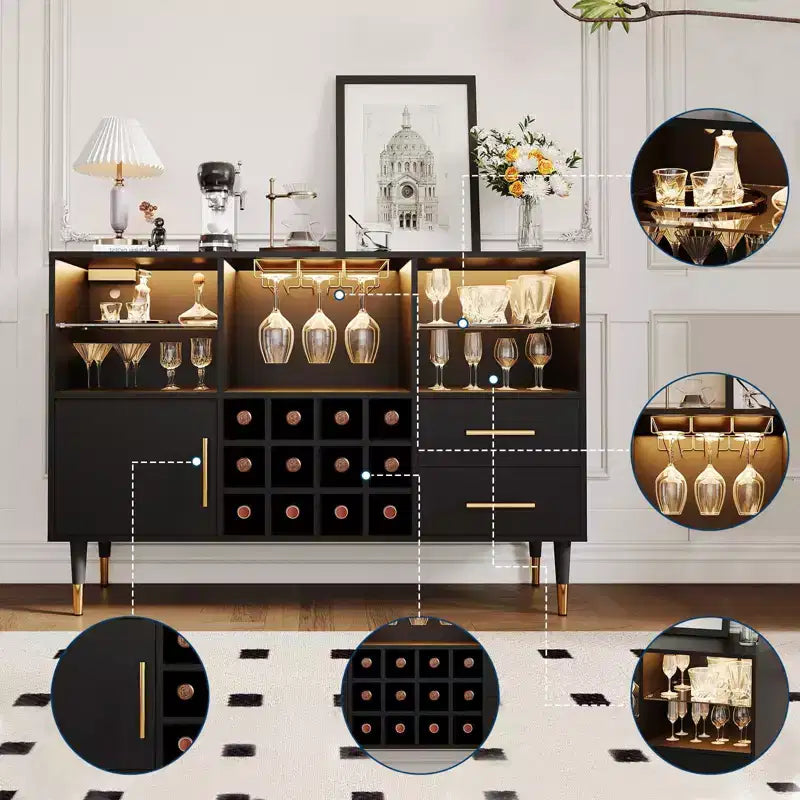 Meuble de bar avec lumières LED, station de charge - Buffet de cuisine de 119 cm avec tiroirs, casier à vin, meuble à liqueurs pour salon, salle à manger