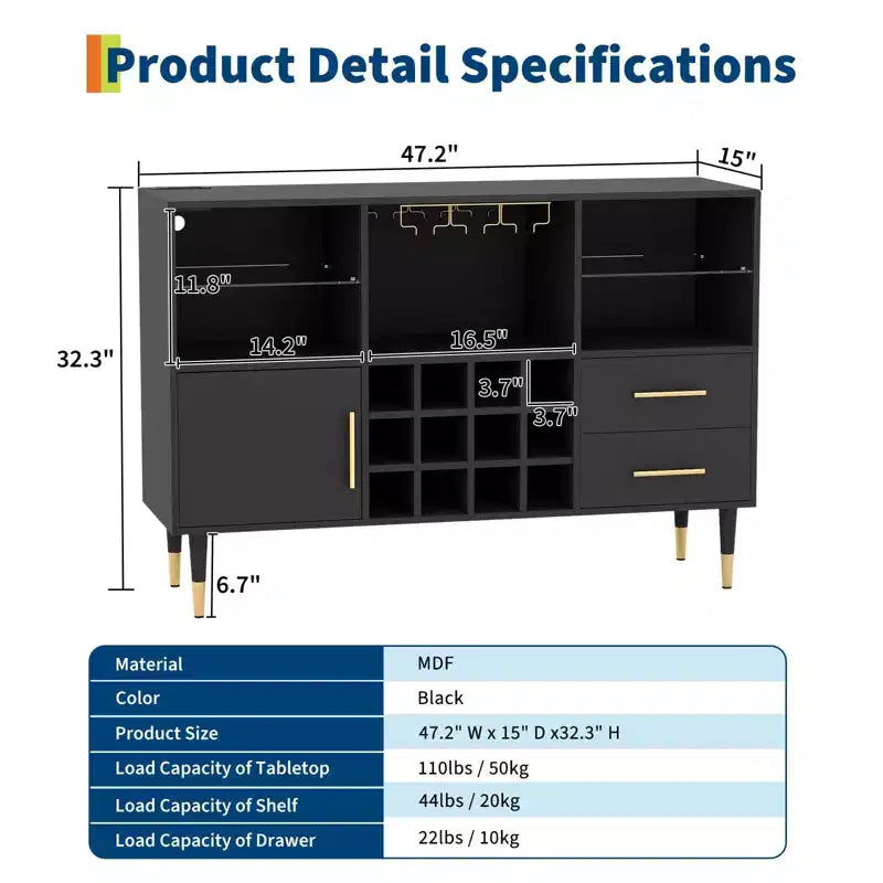 Meuble de bar avec lumières LED, station de charge - Buffet de cuisine de 119 cm avec tiroirs, casier à vin, meuble à liqueurs pour salon, salle à manger