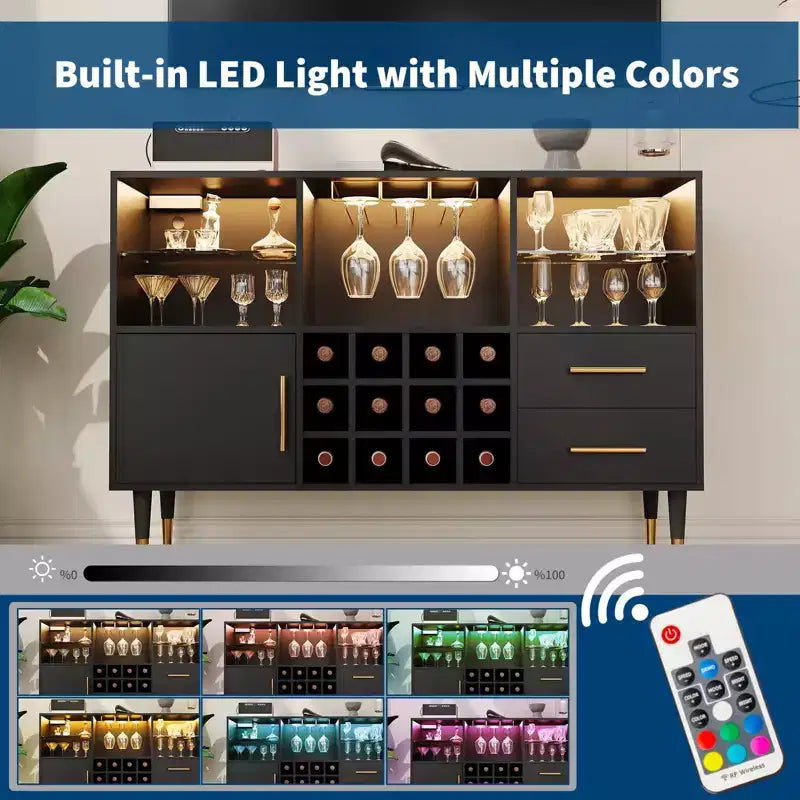 Meuble de bar avec lumières LED, station de charge - Buffet de cuisine de 119 cm avec tiroirs, casier à vin, meuble à liqueurs pour salon, salle à manger