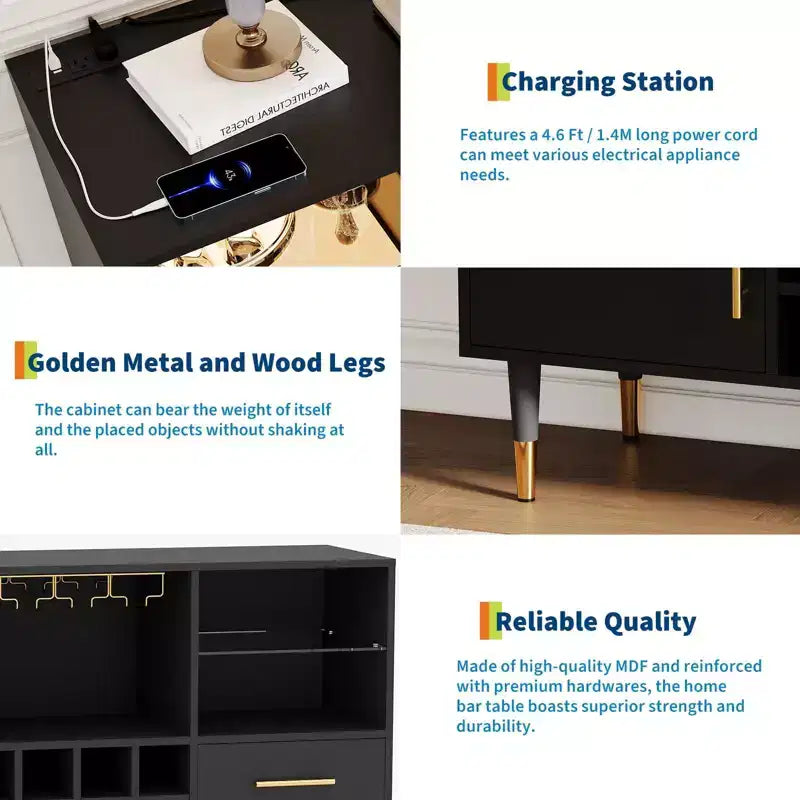 Meuble de bar avec lumières LED, station de charge - Buffet de cuisine de 119 cm avec tiroirs, casier à vin, meuble à liqueurs pour salon, salle à manger