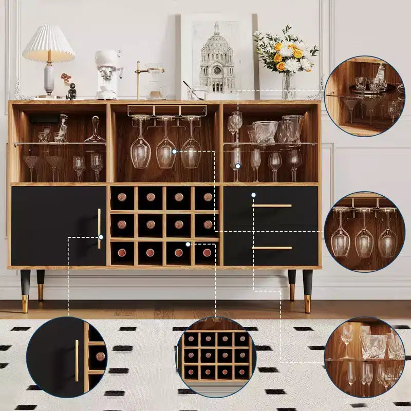 Meuble de bar avec lumières LED, station de charge - Buffet de cuisine de 119 cm avec tiroirs, casier à vin, meuble à liqueurs pour salon, salle à manger