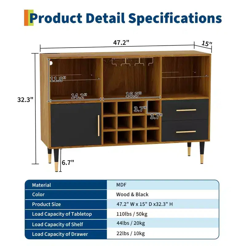 Meuble de bar avec lumières LED, station de charge - Buffet de cuisine de 119 cm avec tiroirs, casier à vin, meuble à liqueurs pour salon, salle à manger