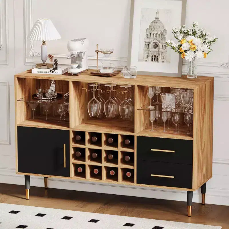 Meuble de bar avec lumières LED, station de charge - Buffet de cuisine de 119 cm avec tiroirs, casier à vin, meuble à liqueurs pour salon, salle à manger