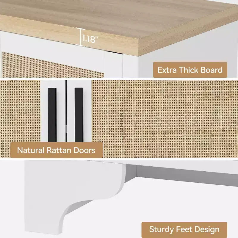 Buffet 4 portes, Bahut de rangement en rotin naturel, Console d'entrée style Bohème, Meuble de bar à café pour salle à manger