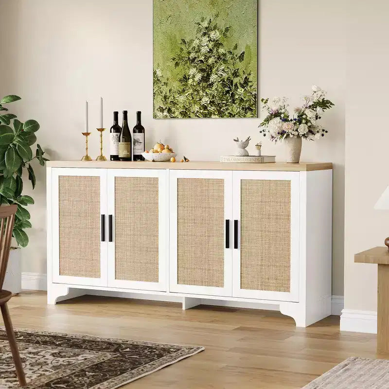 Buffet 4 portes, Bahut de rangement en rotin naturel, Console d'entrée style Bohème, Meuble de bar à café pour salle à manger
