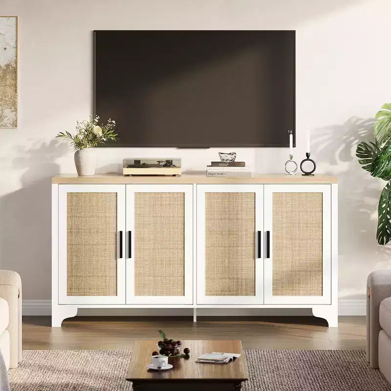 Buffet 4 portes, Bahut de rangement en rotin naturel, Console d'entrée style Bohème, Meuble de bar à café pour salle à manger