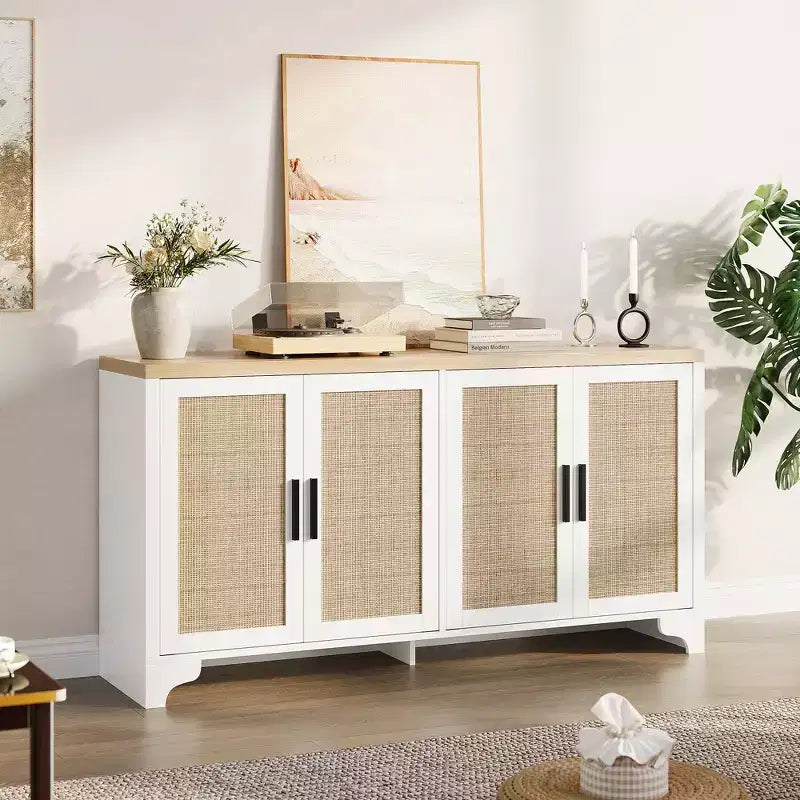 Buffet 4 portes, Bahut de rangement en rotin naturel, Console d'entrée style Bohème, Meuble de bar à café pour salle à manger