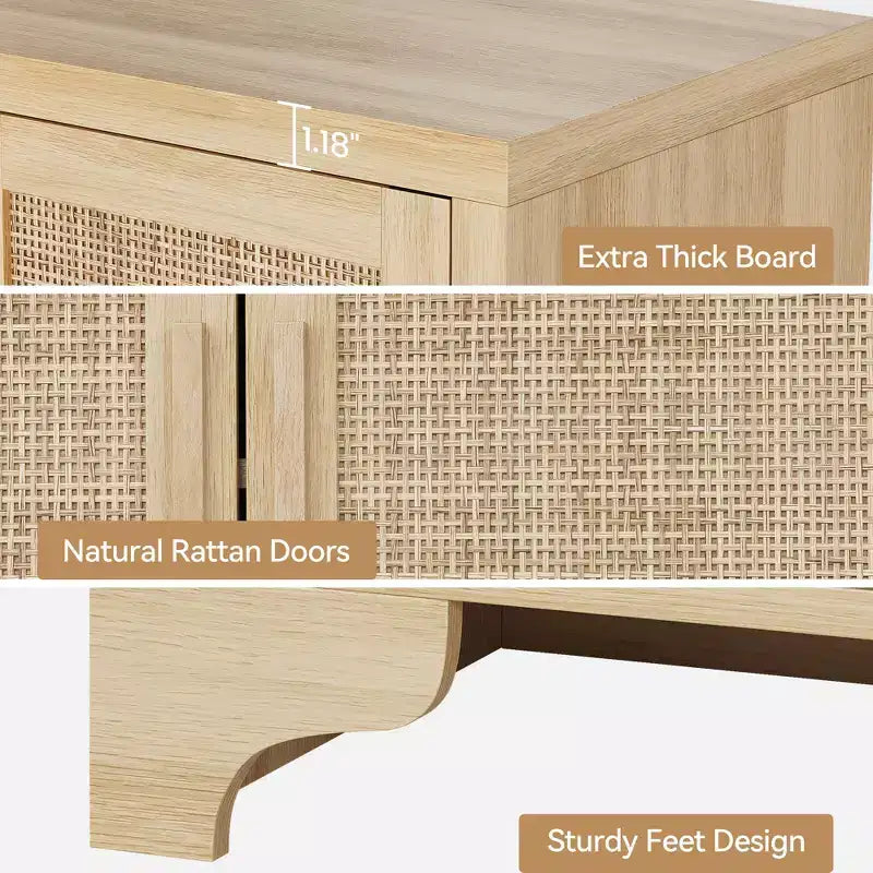 Buffet 4 portes, Bahut de rangement en rotin naturel, Console d'entrée style Bohème, Meuble de bar à café pour salle à manger