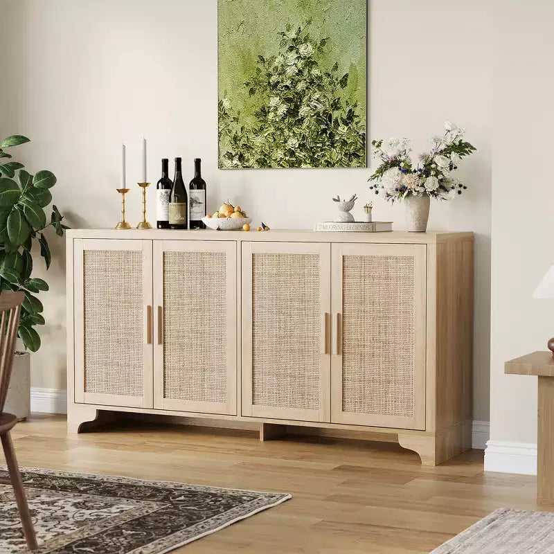 Buffet 4 portes, Bahut de rangement en rotin naturel, Console d'entrée style Bohème, Meuble de bar à café pour salle à manger