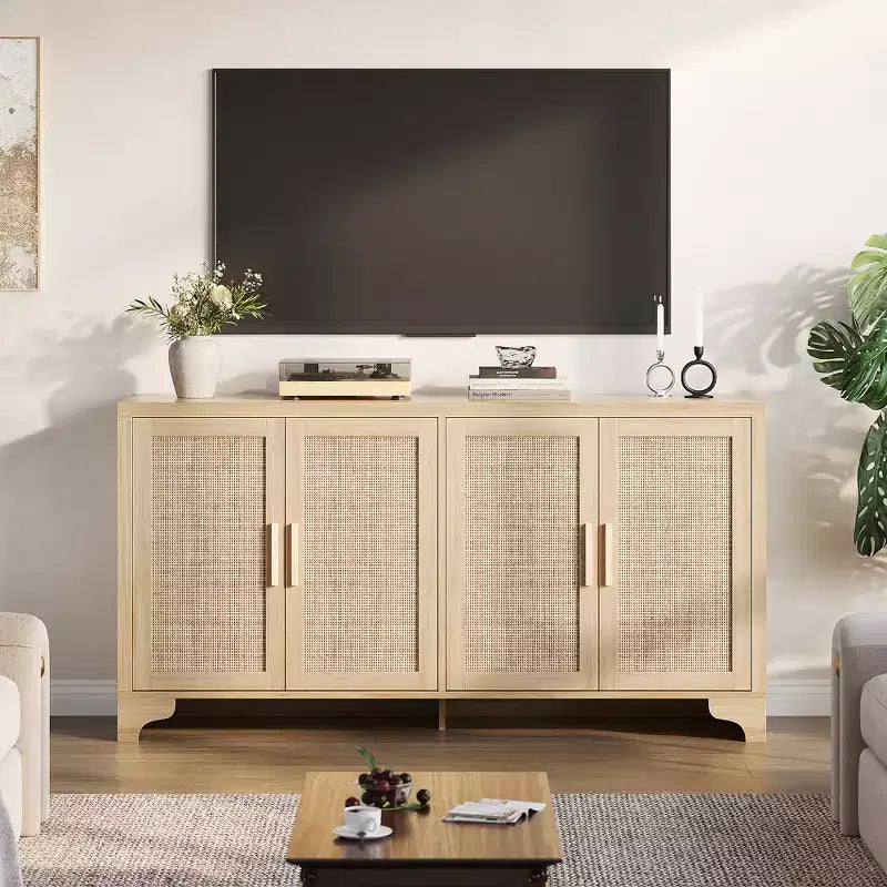 Buffet 4 portes, Bahut de rangement en rotin naturel, Console d'entrée style Bohème, Meuble de bar à café pour salle à manger