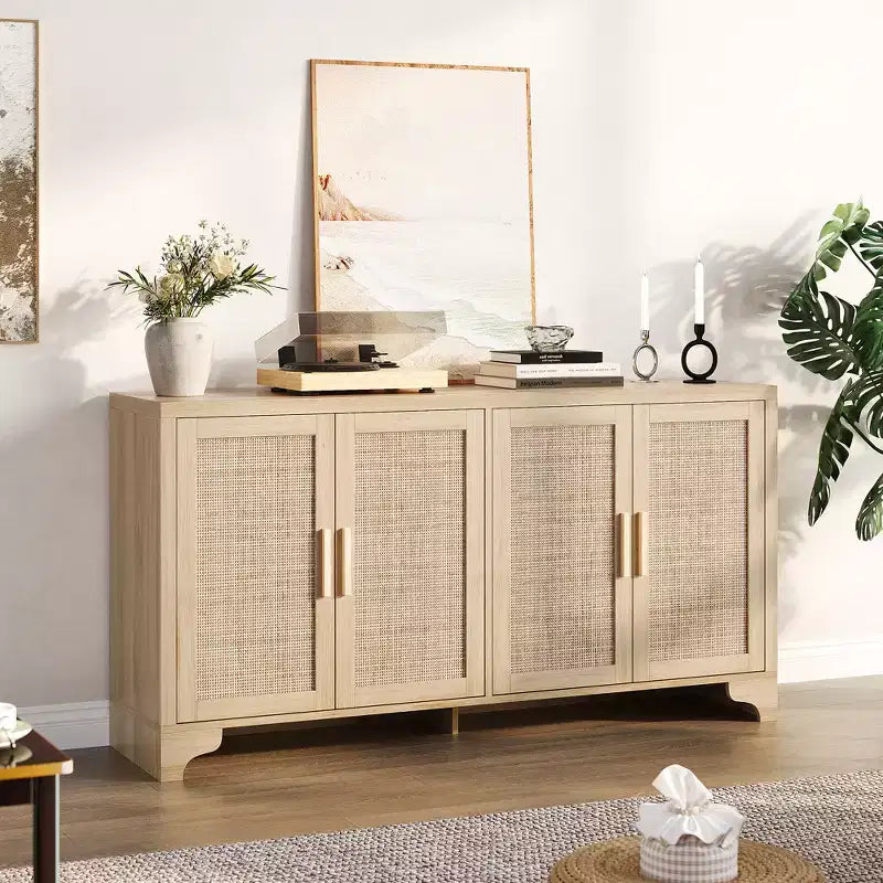 Buffet 4 portes, Bahut de rangement en rotin naturel, Console d'entrée style Bohème, Meuble de bar à café pour salle à manger