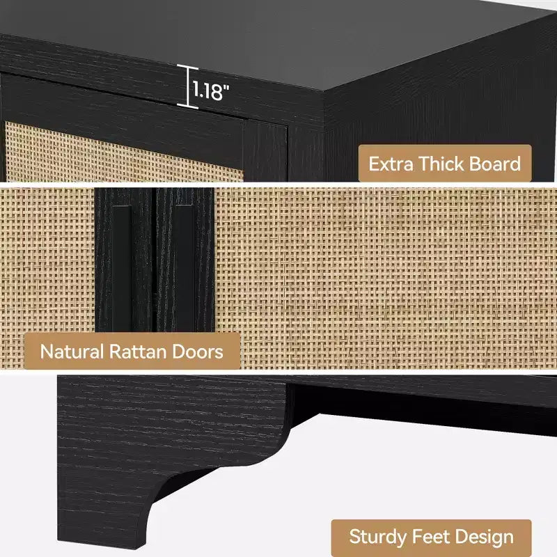Buffet 4 portes, Bahut de rangement en rotin naturel, Console d'entrée style Bohème, Meuble de bar à café pour salle à manger