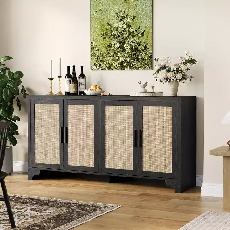 Buffet 4 portes, Bahut de rangement en rotin naturel, Console d'entrée style Bohème, Meuble de bar à café pour salle à manger