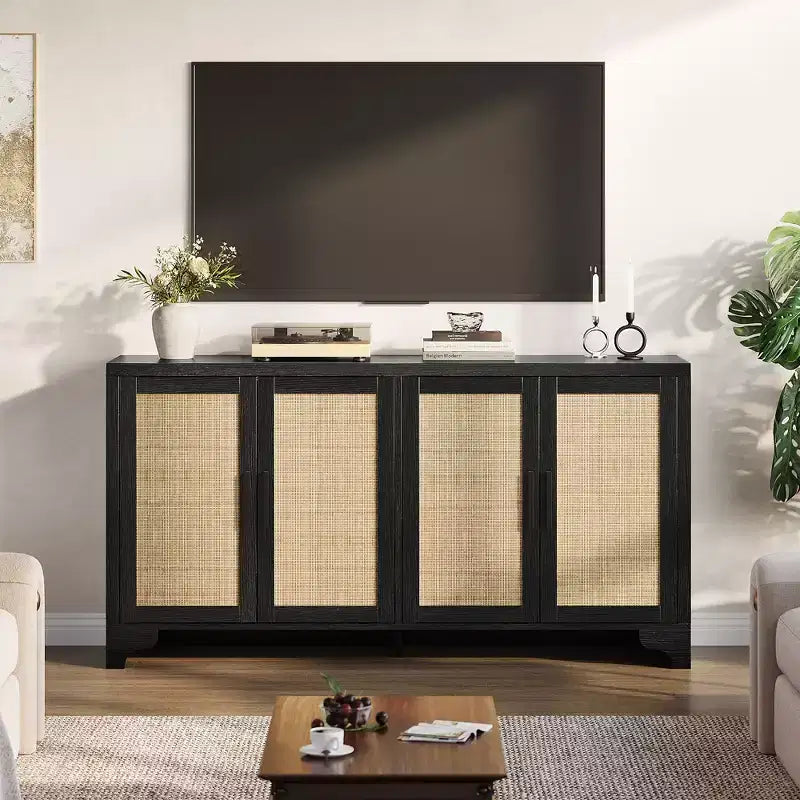 Buffet 4 portes, Bahut de rangement en rotin naturel, Console d'entrée style Bohème, Meuble de bar à café pour salle à manger