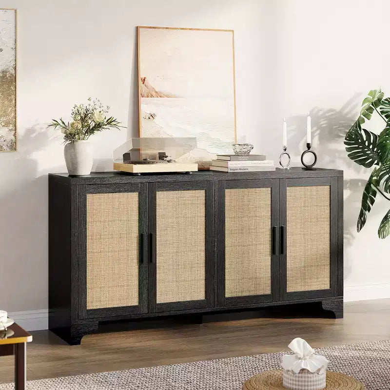 Buffet 4 portes, Bahut de rangement en rotin naturel, Console d'entrée style Bohème, Meuble de bar à café pour salle à manger
