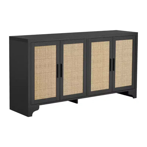 4-Door Sideboard Buffet Cabinet, Natural Rattan Credenza Storage Cabinet, Boho Entryway Console Table, Coffee Bar Station for Dining Room