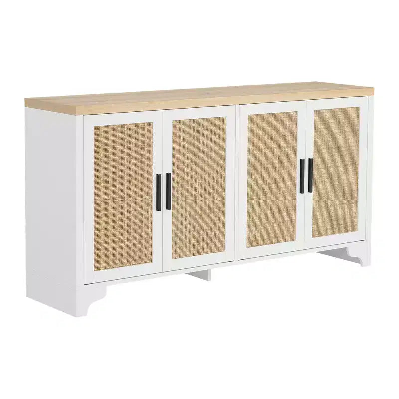 Buffet 4 portes, Bahut de rangement en rotin naturel, Console d'entrée style Bohème, Meuble de bar à café pour salle à manger