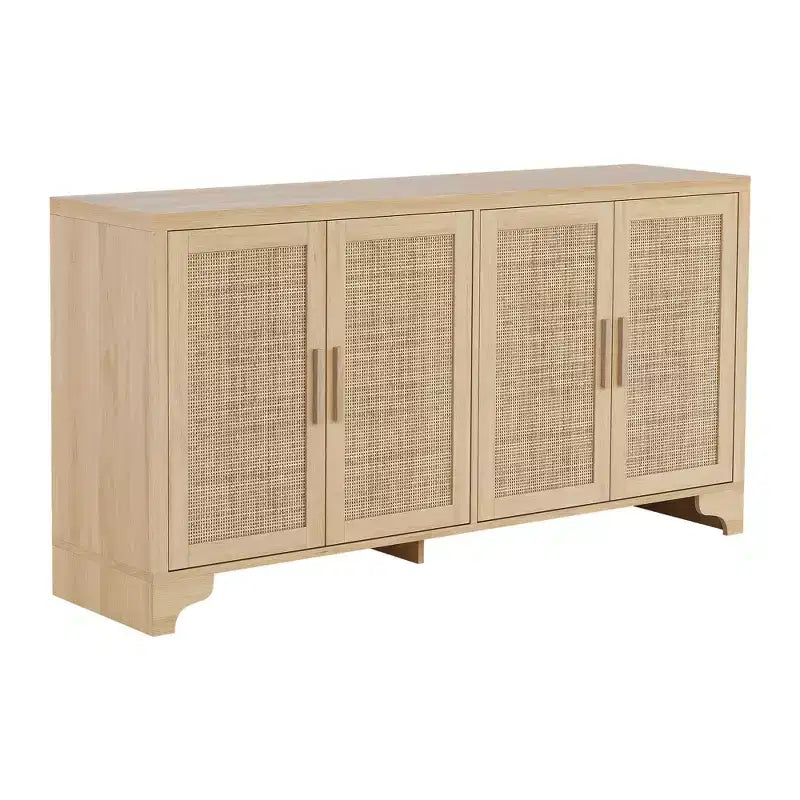 Buffet 4 portes, Bahut de rangement en rotin naturel, Console d'entrée style Bohème, Meuble de bar à café pour salle à manger