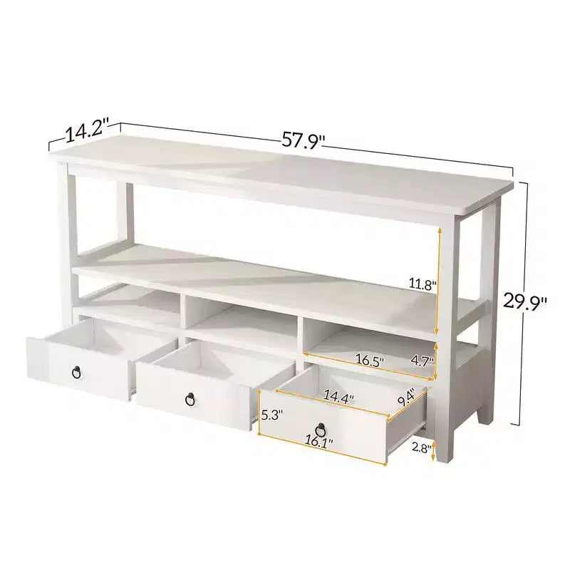 Table d'entrée blanche 4 couches 3 tiroirs 3 compartiments en panneau de fibres de bois 146,8 x 35,6 x 76,2 cm