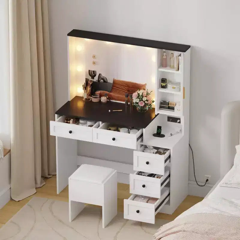 Coiffeuse et tabouret GustoWave, coiffeuse avec lumières et station de recharge, tiroirs et étagères de rangement cachées