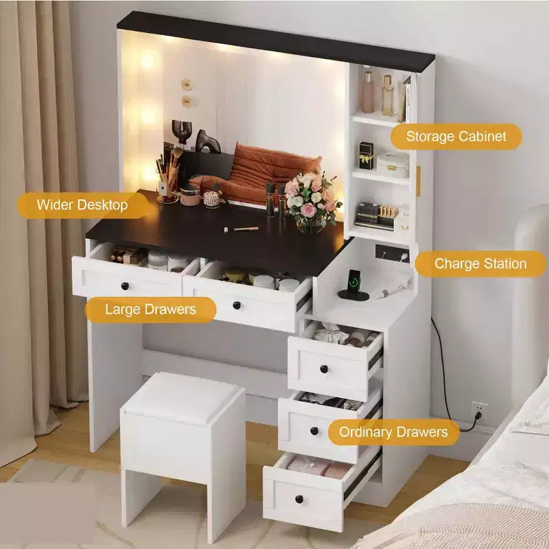 Coiffeuse et tabouret GustoWave, coiffeuse avec lumières et station de recharge, tiroirs et étagères de rangement cachées