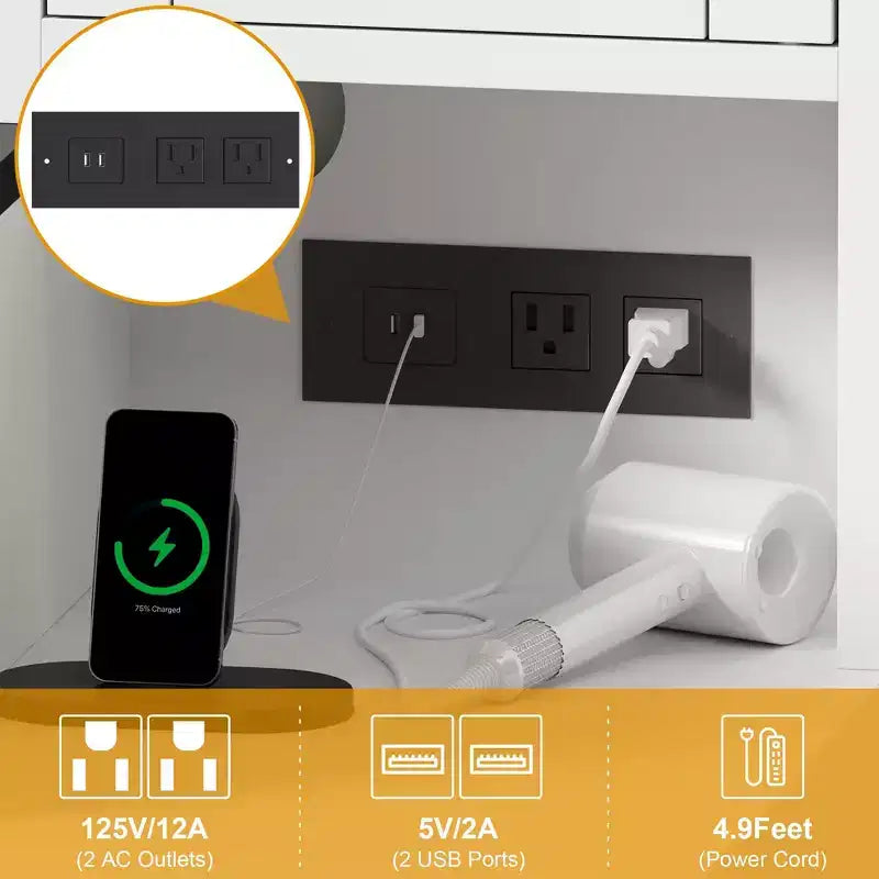Coiffeuse et tabouret GustoWave, coiffeuse avec lumières et station de recharge, tiroirs et étagères de rangement cachées