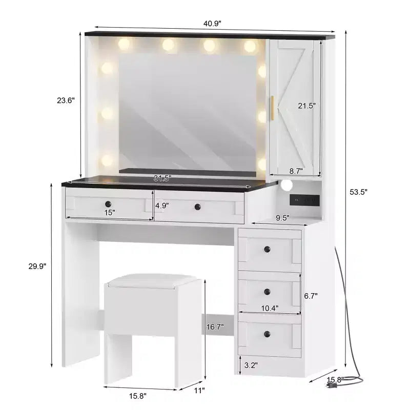 Coiffeuse et tabouret GustoWave, coiffeuse avec lumières et station de recharge, tiroirs et étagères de rangement cachées
