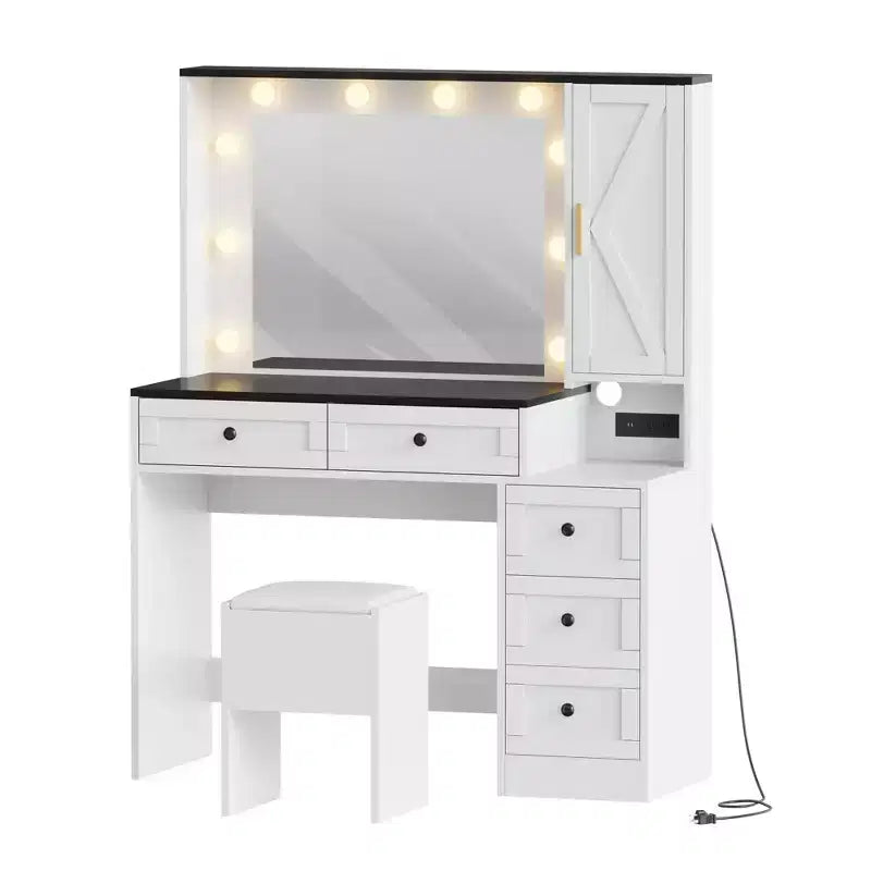 Coiffeuse et tabouret GustoWave, coiffeuse avec lumières et station de recharge, tiroirs et étagères de rangement cachées