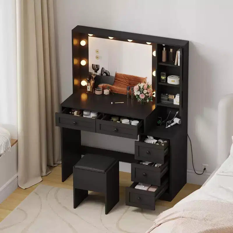 Coiffeuse et tabouret GustoWave, coiffeuse avec lumières et station de recharge, tiroirs et étagères de rangement cachées