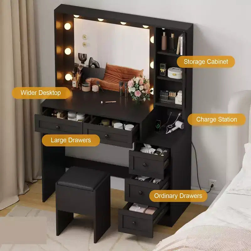 Coiffeuse et tabouret GustoWave, coiffeuse avec lumières et station de recharge, tiroirs et étagères de rangement cachées