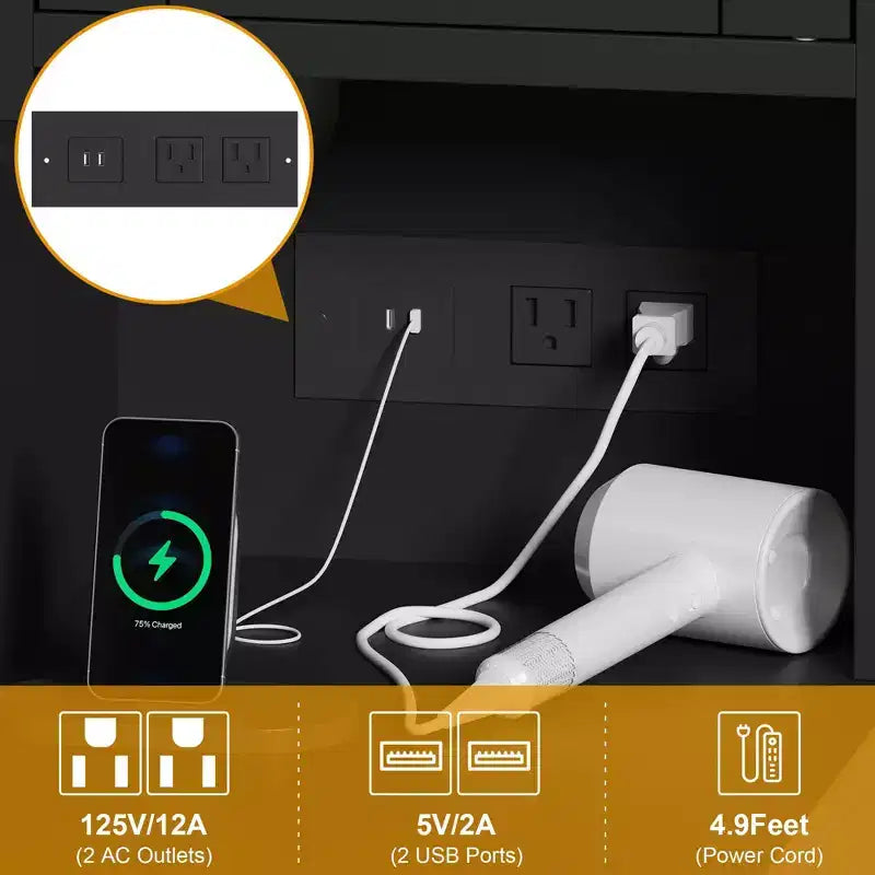 Coiffeuse et tabouret GustoWave, coiffeuse avec lumières et station de recharge, tiroirs et étagères de rangement cachées