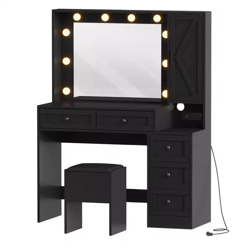 Coiffeuse et tabouret GustoWave, coiffeuse avec lumières et station de recharge, tiroirs et étagères de rangement cachées