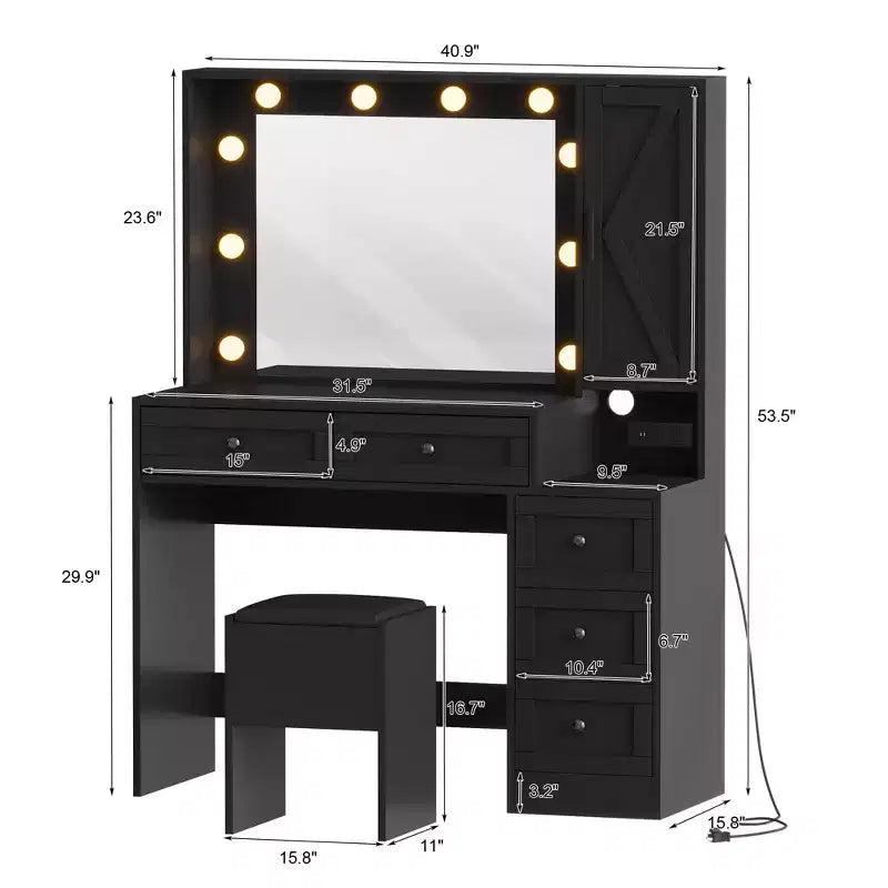 Coiffeuse et tabouret GustoWave, coiffeuse avec lumières et station de recharge, tiroirs et étagères de rangement cachées