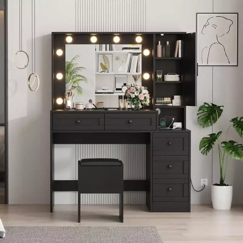 GustoWave Makeup Vanity Desk and Stool, Vanity Desk with Lights & Charging Station, Drawers and Hidden Storage Shelves
