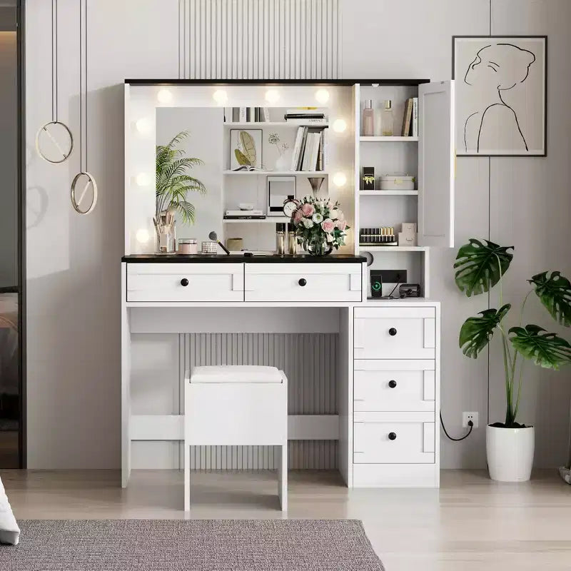 Coiffeuse et tabouret GustoWave, coiffeuse avec lumières et station de recharge, tiroirs et étagères de rangement cachées